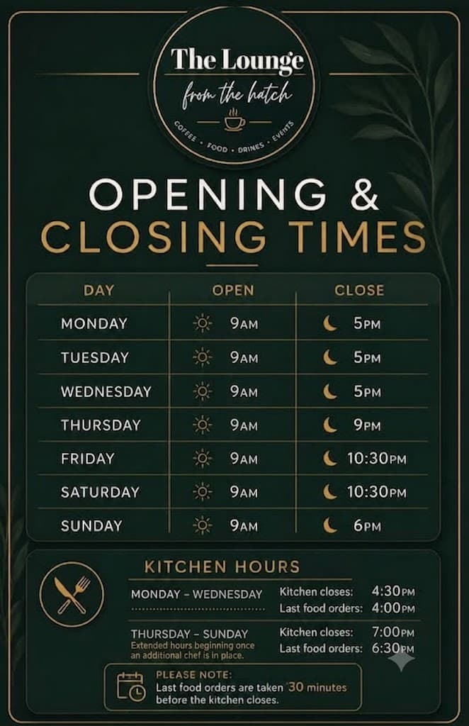 lounge from the hatch opening times